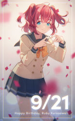 Rule 34 | 1girl, aqua eyes, artist name, artist request, bare legs, blush, bow, bowtie, breasts, close-up, collarbone, female focus, floating hair, green eyes, grey skirt, hair between eyes, heart, heart hands, highres, kurosawa ruby, long sleeves, looking at viewer, love live!, love live! sunshine!!, miniskirt, orange bow, parted lips, plaid, plaid skirt, pleated, pleated skirt, red hair, sailor collar, school uniform, shirt, short hair, skirt, small breasts, smile, solo, twintails, two side up, upper body, uranohoshi school uniform, white shirt