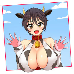 Rule 34 | 1girl, animal costume, animal ears, animal print, bell, bikini, bikini top only, blue sky, breasts, brown eyes, brown hair, collar, cow costume, cow ears, cow girl, cow print, cowbell, elbow gloves, fake animal ears, fake horns, framed, gloves, highres, horns, idol, idolmaster, idolmaster cinderella girls, large breasts, looking at viewer, neck bell, oikawa shizuku, open mouth, short hair, sky, solo, swimsuit, the only shoe, upper body