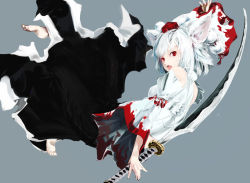 Rule 34 | 1girl, amano cigusa, animal ears, bare shoulders, barefoot, detached sleeves, feet, female focus, grey background, hat, inubashiri momiji, open mouth, red eyes, short hair, solo, sword, tokin hat, touhou, weapon, white hair, wide sleeves, wolf ears