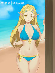Rule 34 | 1girl, artist name, bare arms, bare shoulders, beach, bikini, blonde hair, blue bikini, blue sky, braid, breasts, breasts apart, cleavage, cloud, commentary, cowboy shot, crown braid, dakkalot, day, english commentary, forehead, gluteal fold, hair ornament, hairclip, horizon, large breasts, long hair, navel, nintendo, ocean, open mouth, outdoors, parted bangs, parted lips, pink lips, pointy ears, princess zelda, ribbon, side-tie bikini bottom, sky, smile, solo, stomach, swimsuit, the legend of zelda, the legend of zelda: breath of the wild, thigh gap, water, yellow eyes, yellow ribbon