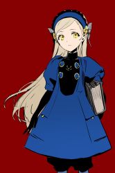 Rule 34 | 1girl, black gloves, black shorts, blonde hair, blue dress, blue hairband, book, butterfly hair ornament, closed mouth, dress, elbow gloves, gloves, hair ornament, hairband, highres, holding, holding book, lavenza (persona 5), long hair, persona, persona 5, red background, shorts, shorts under dress, simple background, solo, um zum, very long hair, yellow eyes