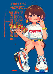 Rule 34 | 1girl, absurdres, battery, blue background, blue eyes, blush, brown hair, costco, earrings, eating, english text, food, full body, highres, holding, holding food, hot dog, invisible chair, jewelry, looking at viewer, more e 4km, original, ring, shirt, shoes, short hair, short sleeves, shorts, sitting, smile, solo, swept bangs, t-shirt, white shirt