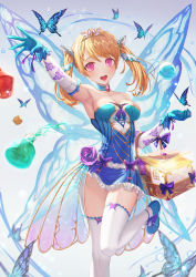 Rule 34 | 1girl, absurdres, ankle strap, bad id, bad pixiv id, bare shoulders, basket, blonde hair, blue dress, blue footwear, blue gloves, blue ribbon, bow, breasts, bug, butterfly, butterfly wings, cleavage, collarbone, commentary request, dress, eichi (skskdi12z), floral print, flower, foot out of frame, foot up, frilled dress, frills, gem, gloves, hair ornament, highres, holding, holding basket, huge filesize, insect, insect wings, king&#039;s raid, long hair, looking at viewer, may (king&#039;s raid), medium breasts, open mouth, outstretched arm, pink eyes, pink flower, potion, ribbon, rose, shoes, sleeveless, sleeveless dress, solo, strapless, strapless dress, teeth, thighhighs, upper teeth only, white thighhighs, wings, zettai ryouiki