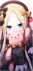 Rule 34 | 1girl, abigail williams (fate), bad id, bad pixiv id, black bow, black dress, black hat, blonde hair, blue eyes, bow, covered mouth, dress, fate/grand order, fate (series), forehead, hair bow, hat, head tilt, heart, highres, hugging object, long sleeves, looking at viewer, orange bow, parted bangs, polka dot, polka dot bow, sleeves past wrists, solo, stuffed animal, stuffed toy, teddy bear, wada kazu