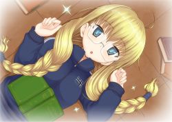 Rule 34 | 1girl, :o, blonde hair, blue eyes, book, braid, daiteikoku, glasses, highres, hino taka, long hair, lying, messy hair, on back, open book, retia adolf, solo, sparkle, track suit, twin braids