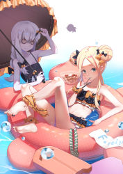 Rule 34 | 2girls, abigail williams (fate), absurdres, ankle ribbon, bags under eyes, bare shoulders, barefoot, bikini, black bikini, black bow, blonde hair, blue eyes, blush, bow, bowl, braid, breasts, closed mouth, collarbone, double bun, eating, emerald float, fate/grand order, fate (series), feet, food, forehead, frilled bikini, frills, hair bow, hair bun, highres, horns, innertube, kickboard, lavinia whateley (emerald float) (fate), lavinia whateley (fate), leg ribbon, legs, long hair, looking at viewer, multiple girls, navel, official alternate costume, orange bow, orange ribbon, pale skin, parted bangs, polka dot, polka dot bow, pudding, purple eyes, ribbon, rope, scrunchie, sidelocks, single horn, small breasts, smile, soles, spoon, swim ring, swimsuit, thighs, toes, umbrella, water, water drop, wavy mouth, white background, wide-eyed, wrist scrunchie, yukiyama momo