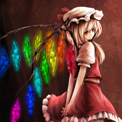 Rule 34 | 1girl, arms behind back, bad id, bad nicoseiga id, blonde hair, blouse, brown background, embodiment of scarlet devil, female focus, flandre scarlet, from side, hair between eyes, hat, looking back, mob cap, nishi masakazu, nishimasa hito, red eyes, shirt, side ponytail, solo, touhou, white hat, white shirt, wings