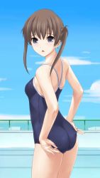 Rule 34 | 1girl, :o, adjusting clothes, adjusting swimsuit, blue eyes, blue one-piece swimsuit, blue school swimsuit, blurry, blurry background, brown hair, character request, competition school swimsuit, copyright request, cowboy shot, day, from behind, highres, looking at viewer, looking back, one-piece swimsuit, outdoors, school swimsuit, solo, source request, swimsuit, third-party edit, wacchi