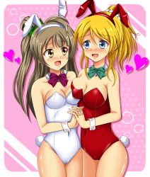 Rule 34 | 10s, 2girls, :d, animal ears, aqua bow, ayase eli, bare arms, bare legs, bare shoulders, blonde hair, blue eyes, blush, bow, bowtie, breast press, breasts, brown eyes, rabbit ears, rabbit tail, cameltoe, cleavage, covered navel, detached collar, eye contact, fake animal ears, female focus, green ribbon, grey hair, happy, heart, highres, large breasts, legs, leotard, long hair, looking at another, love live!, love live! school idol project, minami kotori, multiple girls, neck, one side up, open mouth, pink background, playboy bunny, ponytail, purple bow, ribbon, scrunchie, shiguko, side-by-side, smile, standing, strapless, strapless leotard, tail, wrist cuffs, yuri