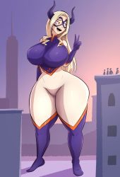Rule 34 | 1girl, blonde hair, bodysuit, boku no hero academia, breasts, curvy, emmabrave, eye mask, female focus, giant, giantess, highres, huge breasts, looking at viewer, mask, mount lady, open mouth, purple eyes, smile, solo, superhero costume, thick thighs, thighs, v, wide hips