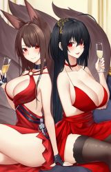 Rule 34 | 2girls, akagi (azur lane), akagi (ruby-laced beauty) (azur lane), akagi (ruby-laced beauty) (azur lane), animal ears, arm under breasts, azur lane, bare hips, bare legs, bare shoulders, black hair, black legwear, breast rest, breasts, brown hair, champagne flute, cleavage, close-up, commentary request, cup, dress, drinking glass, glass, highres, large breasts, looking at viewer, multiple girls, o-ring dress, official alternate costume, red dress, red eyes, seductive smile, smile, taihou (azur lane), taihou (forbidden feast) (azur lane), tail, thighhighs, yorugami rei