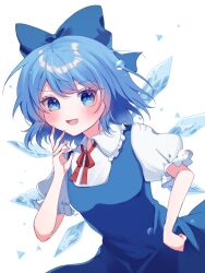 Rule 34 | 1girl, blue eyes, blue hair, bow, bowtie, cirno, cirno day, ice, ice wings, looking at viewer, red ribbon, ribbon, short sleeves, simple background, siomi 403, solo, touhou, wings