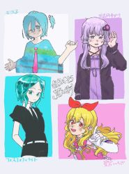 Rule 34 | 1other, 3girls, aikatsu!, aikatsu! (series), arms behind back, atsuko (222atuko), belt, black jacket, black jumpsuit, black necktie, blonde hair, blue eyes, blue hair, blue poncho, blush, border, bright pupils, character name, city lights (vocaloid), closed mouth, collage, collared shirt, commentary request, criss-cross halter, crossover, detached hair, dress, elbow gloves, empire waist, gem uniform (houseki no kuni), gloves, grey border, hair between eyes, hair bobbles, hair ornament, half-closed eyes, halter dress, halterneck, hand up, highres, hoshimiya ichigo, houseki no kuni, index finger raised, jacket, jumpsuit, light smile, long hair, looking at viewer, moyoko (powapowa-p), multiple crossover, multiple girls, necktie, one eye closed, one side up, open clothes, open jacket, open mouth, outside border, parted bangs, phosphophyllite, pink dress, pink necktie, pinky out, poncho, puffy short sleeves, puffy sleeves, purple dress, purple hair, raised eyebrows, red eyes, ribbed dress, shirt, short hair, short hair with long locks, short jumpsuit, short sleeves, smile, translation request, unmoving pattern, vocaloid, voiceroid, wavy hair, white belt, white gloves, white pupils, white shirt, yuzuki yukari