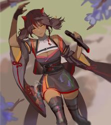 Rule 34 | 1girl, arm up, belt, black gloves, black hair, black thighhighs, chinese clothes, dark-skinned female, dark skin, eyebrows hidden by hair, fingerless gloves, flower, genshin impact, gloves, holding, holding microphone, leg belt, long hair, looking at viewer, microphone, nevercrymoon, red eyes, skirt, smile, solo, tan, thighhighs, twintails, xinyan (genshin impact)
