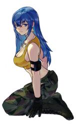 Rule 34 | 1girl, alternate hairstyle, arm pouch, armlet, bare shoulders, black gloves, blue eyes, blue hair, breasts, camouflage, cargo pants, cleavage, dog tags, earrings, gloves, hair down, highres, jewelry, large breasts, leona heidern, long hair, looking at viewer, midriff, oni gini, pants, pouch, simple background, solo, tank top, the king of fighters, the king of fighters xiv, the king of fighters xv, triangle earrings, yellow tank top