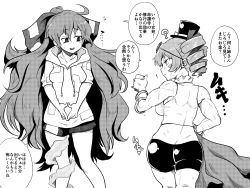 Rule 34 | 2girls, ?, ahoge, ass, bare arms, biceps, bike shorts, bracelet, butt crack, commentary request, cup, drill hair, eyewear on head, fingers together, greyscale, hat, himajin noizu, holding, holding cup, hood, hoodie, jewelry, long hair, looking at another, mini hat, monochrome, multiple girls, muscular, muscular female, short hair, siblings, simple background, sisters, sweater, tank top, touhou, translation request, very long hair, white background, yorigami jo&#039;on, yorigami shion
