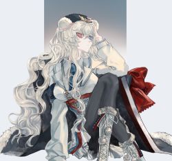 Rule 34 | 1girl, arknights, armband, bad id, bad pixiv id, black headwear, blue armband, blue eyes, blue hair, blue necktie, bobby pin, boots, bow, coat, female focus, found modori, fur-trimmed boots, fur-trimmed coat, fur trim, grey footwear, grey hair, grey pantyhose, hair between eyes, hand on own head, heterochromia, highres, long hair, looking at viewer, multicolored hair, necktie, orange hair, padded coat, pantyhose, parted lips, pink eyes, red bow, rosa (arknights), sitting, solo, streaked hair