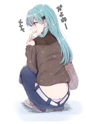 Rule 34 | 1girl, alternate costume, aqua eyes, aqua hair, bag, blue hair, blue pants, brown shirt, butt crack, commentary request, denim, finger to mouth, from behind, highres, jeans, kantai collection, ld (luna dial398), long hair, long sleeves, panties, pants, pink panties, shirt, simple background, smile, solo, squatting, suzuya (kancolle), underwear, white background, white footwear