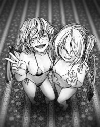 Rule 34 | 2girls, arm around shoulder, bare arms, bare legs, bare shoulders, barefoot, bat wings, bikini, breasts, carpet, collarbone, commentary request, crystal, eyelashes, eyes visible through hair, fangs, flandre scarlet, from above, full body, greyscale, hair between eyes, hair ribbon, half-closed eyes, hand on another&#039;s shoulder, hand on own stomach, hand up, hat, indoors, koyubi (littlefinger1988), looking at viewer, looking up, medium hair, micro bikini, monochrome, multiple girls, open mouth, pointy ears, remilia scarlet, ribbon, siblings, side-by-side, side-tie bikini bottom, side-tie bottom, side ponytail, sisters, slit pupils, small breasts, smile, standing, swimsuit, touhou, v, vampire, wings