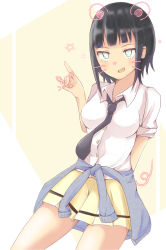 Rule 34 | 1girl, 38miphael, :d, black hair, black necktie, blue sweater, blunt bangs, breasts, clothes around waist, collared shirt, commentary request, cowboy shot, drawn ears, drawn tail, drawn whiskers, highres, kayo (watamote), looking at viewer, loose clothes, loose shirt, medium breasts, medium hair, \n/, necktie, no pupils, open mouth, pleated skirt, school uniform, shirt, shirt tucked in, skirt, smile, solo, standing, star (symbol), sweater, sweater around waist, two-tone background, watashi ga motenai no wa dou kangaetemo omaera ga warui!, white background, white shirt, yellow background, yellow skirt