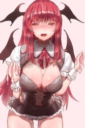 Rule 34 | 1girl, black skirt, blush, breasts, cleavage, condom, cowboy shot, cum, cumdrip, demon wings, gradient background, head wings, heart, heart-shaped pupils, highres, holding, kaizu (kaizukurodai), koakuma, large breasts, leaning forward, long hair, looking at viewer, microskirt, open mouth, puffy short sleeves, puffy sleeves, red eyes, red hair, short sleeves, skirt, smile, solo, sweat, symbol-shaped pupils, touhou, used condom, wings, wrist cuffs