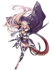 Rule 34 | 1girl, absurdres, blonde hair, breasts, cape, chain, cleavage, dragon tail, fighting stance, fur trim, hair between eyes, highres, holding, holding sword, holding weapon, horns, ji dan, large breasts, long hair, looking at viewer, original, pleated skirt, ready to draw, red eyes, skirt, slit pupils, solo, sword, tail, thighhighs, very long hair, weapon, white background