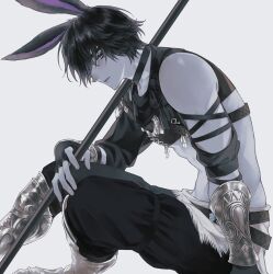 Rule 34 | 1boy, 42sai, abs, animal ears, arm strap, black choker, black hair, black pants, character request, choker, cropped shirt, feet out of frame, final fantasy, final fantasy xiv, from side, gauntlets, hair over one eye, hashtag-only commentary, head tilt, highres, holding, holding polearm, holding weapon, leaning forward, looking at viewer, male focus, over shoulder, pants, parted lips, polearm, purple eyes, rabbit boy, rabbit ears, short hair, simple background, single bare shoulder, sitting, solo, toned, toned male, weapon, weapon over shoulder