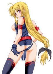 Rule 34 | 00s, 1girl, ahoge, ass, black panties, blonde hair, breasts, cameltoe, fate testarossa, fate testarossa (true sonic form), from behind, gloves, grin, highres, large breasts, long hair, looking back, low-tied long hair, lyrical nanoha, mahou shoujo lyrical nanoha strikers, open clothes, panties, panty pull, red eyes, smile, solo, thighhighs, underwear, very long hair, yashima tetsuya