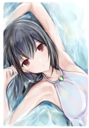 Rule 34 | 1girl, arm behind head, armpits, bare shoulders, black hair, border, clothing request, commentary request, dress, hair between eyes, hand to head, idolmaster, idolmaster shiny colors, in water, long hair, looking at viewer, lying, morino rinze, nannacy7, on back, parted lips, red eyes, sleeveless, solo, upper body, water, white border, white dress