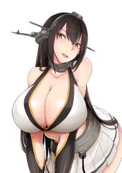 Rule 34 | 10s, 1girl, bare shoulders, black hair, breasts, brown eyes, cleavage, erimiko, huge breasts, kantai collection, leaning forward, long hair, miniskirt, nagato (kancolle), simple background, skirt, smile, solo, v arms, white background