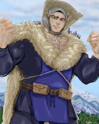 Rule 34 | 1boy, ainu clothes, bara, beard stubble, black hair, buzz cut, chino maz, clenched hands, facial hair, giant, giant male, golden kamuy, highres, large pectorals, long sideburns, looking at viewer, male focus, mature male, mountain, muscular, muscular male, pectoral cleavage, pectorals, short hair, sideburns, smile, solo focus, sparse chest hair, standing, stubble, tanigaki genjirou, thick eyebrows, very short hair