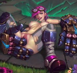 Rule 34 | 1girl, ass, breasts, candy, female masturbation, fingering, food, gauntlets, goggles, goggles on head, highres, league of legends, lollipop, looking at viewer, masturbation, mister-mediocre, navel, nipple piercing, nipples, piercing, pink hair, pussy, reclining, short hair, side cut, smile, solo, stomach, tattoo, torn clothes, uncensored, vi (league of legends)