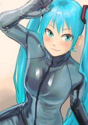 Rule 34 | 1girl, aqua eyes, aqua hair, blush, bodysuit, closed mouth, cosplay, hair ornament, hatsune miku, hatsune miku (cosplay), highres, kilye kairi, latex, latex bodysuit, long hair, looking at viewer, simple background, skin tight, smile, solo, twintails, very long hair, vocaloid