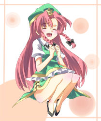 Rule 34 | 1girl, bad anatomy, bad id, bad pixiv id, blush, braid, china dress, chinese clothes, circle, clenched hand, clenched hands, disk, dress, closed eyes, female focus, hat, hong meiling, long hair, open mouth, red hair, smile, solo, subachi, embodiment of scarlet devil, touhou, twin braids