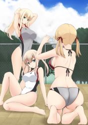 Rule 34 | 10s, 3girls, adapted costume, alternate hairstyle, armpits, arms behind head, ass, bikini, bismarck (kancolle), blonde hair, blue eyes, breasts, butt crack, chain-link fence, collarbone, competition swimsuit, covered navel, cross, day, digital camera, feet, fence, from behind, full body, fuuma nagi, graf zeppelin (kancolle), grey background, grey one-piece swimsuit, hair between eyes, iron cross, kantai collection, large breasts, long hair, looking at viewer, low twintails, medium breasts, multiple girls, no headwear, no headwear, one-piece swimsuit, ponytail, prinz eugen (kancolle), shadow, side-tie bikini bottom, sitting, swimsuit, twintails, tying hair, white one-piece swimsuit