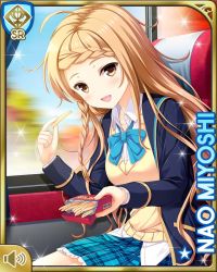 Rule 34 | 1girl, blazer, blue bow, blue jacket, blue skirt, bow, braid, brown eyes, brown hair, bus, card, character name, day, food, girlfriend (kari), in vehicle, jacket, long hair, miyoshi nao, motor vehicle, official art, open mouth, plaid, plaid skirt, pocky, qp:flapper, riding, shirt, skirt, smile, solo, sweater vest, tagme, white shirt, yellow sweater vest