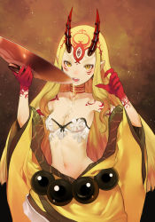 Rule 34 | 1girl, alcohol, armpits, arms up, bare arms, bare shoulders, beads, blonde hair, blush, bra, breasts, brown background, cleavage, collarbone, cup, fate/grand order, fate (series), gradient background, highres, holding, holding cup, horns, ibaraki douji (fate), japanese clothes, kimono, light particles, long hair, long sleeves, looking at viewer, navel, nose blush, off shoulder, open clothes, open kimono, pointy ears, prayer beads, sakazuki, sake, salmon88, sidelocks, small breasts, solo, sparkle, stomach, strapless, strapless bra, tattoo, teeth, tsurime, underwear, upper body, very long hair, white bra, wide sleeves, yellow kimono