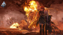 Rule 34 | 2girls, artist request, black hair, black skirt, black thighhighs, blonde hair, breasts, building, carrying, carrying over shoulder, carrying person, clenched teeth, closed eyes, coat, colt 9mm smg, commentary, company name, copyright notice, debris, destruction, english commentary, explosion, feet out of frame, fire, gas mask, girls&#039; frontline, grass, gun, hair between eyes, headgear, highres, holding, holding gun, holding weapon, in-universe location, knee pads, large breasts, looking at viewer, m4 sopmod ii, m4 sopmod ii (girls&#039; frontline), m4 sopmod ii (mod3) (girls&#039; frontline), mask, mechanical arms, multicolored hair, multiple girls, official art, one eye closed, red hair, ro635 (girls&#039; frontline), ro635 (mod3) (girls&#039; frontline), second-party source, single mechanical arm, skirt, smoke, soot, spoilers, strap, streaked hair, submachine gun, teeth, thighhighs, torn clothes, torn skirt, tower, v-shaped eyebrows, weapon, white hair, yellow coat