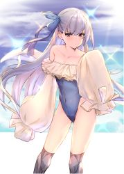 Rule 34 | 1girl, absurdres, bare shoulders, blue bow, blue one-piece swimsuit, blue ribbon, bow, breasts, closed mouth, collarbone, commentary request, covered navel, fate/grand order, fate (series), frilled one-piece swimsuit, frills, highleg, highleg swimsuit, highres, long hair, looking at viewer, meltryllis, meltryllis (fate), meltryllis (swimsuit lancer) (fate), meltryllis (swimsuit lancer) (second ascension) (fate), off-shoulder one-piece swimsuit, off shoulder, one-piece swimsuit, otomo, purple hair, ribbon, simple background, sleeves past fingers, sleeves past wrists, small breasts, solo, sparkle, standing, strapless, strapless one-piece swimsuit, swimsuit, thighhighs, thighs, very long sleeves