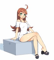 Rule 34 | 1girl, :o, ahoge, arm support, bare legs, black footwear, blunt bangs, bra strap, brown hair, commentary, crossed legs, english commentary, green eyes, highres, long hair, looking at viewer, off-shoulder shirt, off shoulder, original, procreate (medium), sandals, shirt, shoe dangle, shoes, short sleeves, simple background, sitting, solo, vins-mousseux, white background, white shirt