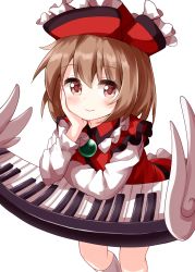 Rule 34 | 1girl, brown eyes, brown hair, closed mouth, collarbone, dress, elbow rest, floating, frilled hat, frills, hand on own face, hat, highres, instrument, keyboard (instrument), long sleeves, looking at viewer, lyrica prismriver, red dress, red hat, ruu (tksymkw), short hair, simple background, smile, solo, standing, touhou, white background, white legwear, white wings, wings