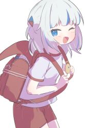 Rule 34 | 1girl, :d, backpack, bag, blue eyes, blue hair, blush, commentary request, cowboy shot, crime prevention buzzer, fang, gawr gura, gym shirt, gym shorts, gym uniform, hair ornament, highres, hololive, hololive english, inaririn, looking at viewer, medium hair, multicolored hair, one eye closed, open mouth, randoseru, red bag, red shorts, shark hair ornament, shirt, short shorts, short sleeves, shorts, simple background, smile, solo, streaked hair, t-shirt, two side up, virtual youtuber, white background, white hair, white shirt