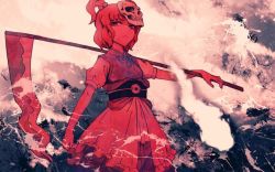 Rule 34 | 1girl, hair ornament, japanese clothes, looking at viewer, mask, meimaru inuchiyo, onozuka komachi, over shoulder, red eyes, red hair, scythe, short hair, skull mask, solo, touhou, twintails, weapon, weapon over shoulder