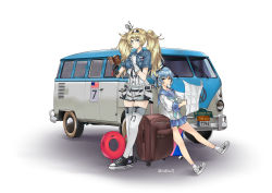 Rule 34 | 2girls, american flag, aqua neckwear, aqua skirt, belt, black footwear, black ribbon, blonde hair, blue eyes, blue hair, blue sailor collar, blue shirt, breast pocket, breasts, brown eyes, collared shirt, dixie cup hat, double bun, enemy lifebuoy (kancolle), food, full body, gambier bay (kancolle), gloves, hair bun, hairband, hat, hat ribbon, highres, kantai collection, kuroinu9, large breasts, license plate, long sleeves, luggage, military hat, miniskirt, motor vehicle, multiple girls, neckerchief, pleated skirt, pocket, popsicle, ribbon, rolling suitcase, sailor collar, samuel b. roberts (kancolle), school uniform, serafuku, shirt, shoes, short hair, shorts, simple background, skirt, sleeve cuffs, small breasts, sneakers, suitcase, thighhighs, twintails, twitter username, van, volkswagen, volkswagen type 2, white background, white footwear, white hat, white legwear, white shirt