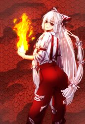 Rule 34 | 1girl, arched back, arm at side, ass, blhe, blunt bangs, bow, breasts, collared shirt, fire, fireball, fire, from behind, fujiwara no mokou, hair bow, highres, light smile, long hair, looking to the side, medium breasts, pants, red background, red eyes, red pants, seigaiha, shirt, sleeve rolled up, solo, suspenders, touhou, very long hair, white hair, white shirt
