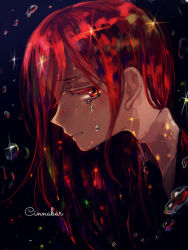 Rule 34 | 10s, 1other, androgynous, black background, black necktie, blush, canarinu, character name, cinnabar (houseki no kuni), colored eyelashes, crying, crying with eyes open, from side, houseki no kuni, necktie, profile, red eyes, red hair, red theme, simple background, solo, sparkle, tears, uniform, upper body