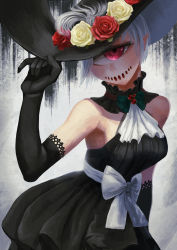 Rule 34 | 1girl, absurdres, ascot, bad id, bad pixiv id, bare shoulders, black dress, black gloves, breasts, commentary request, cyclops, dress, elbow gloves, flower, gino (gino h), gloves, hand up, hat, highres, looking at viewer, medium breasts, one-eyed, original, pointy ears, red eyes, red flower, red rose, rose, smile, solo, white ascot, white hair, yellow flower, yellow rose