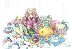 Rule 34 | 1girl, animal hat, asymmetrical clothes, asymmetrical legwear, book, candy, capura lin, cat hat, female focus, food, full body, green thighhighs, hair ornament, hairclip, hat, highres, lace, lace-trimmed legwear, lace trim, lollipop, macaron, mismatched legwear, original, panties, pastry, patterned legwear, pixiv, print thighhighs, solo, striped clothes, striped thighhighs, stuffed animal, stuffed toy, teddy bear, thighhighs, underwear, white background