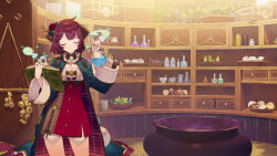 1girl atelier_(series) atelier_sophie atelier_sophie_2 blue_coat book bottle bowl cauldron closed_eyes closed_mouth coat collared_coat cowboy_shot crystal detached_collar doyagao erlenmeyer_flask flask garlic highres holding holding_book holding_flask hourglass indoors long_sleeves mushroom noco_(adamas) official_art open_book plant potted_plant red_hair red_skirt round-bottom_flask second-party_source shelf short_hair skirt smile smoke smug solo sophie_neuenmuller sparkle standing