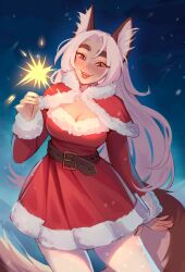 Rule 34 | 1girl, animal ears, belt, blue eyes, breasts, brown belt, brown eyes, christmas, cleavage, dress, fox ears, fox girl, fox tail, freckles, fur-trimmed dress, fur-trimmed poncho, fur trim, heterochromia, highres, holding fireworks, long hair, looking at viewer, losse (personal ami), maewix (artist), medium breasts, night, open mouth, original, outdoors, poncho, red dress, red poncho, solo, tail, teeth, thick eyebrows, white hair